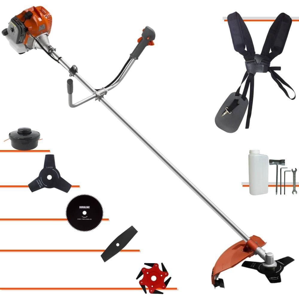 Roçadeira Cortador de Grama Tekna RL430ACNTK À Gasolina 2T 43cc 1,7HP Com Carretel + Faca 2 Pontas + Faca 3 Pontas + Faca 6 Pontas e Faca 80 Dentes