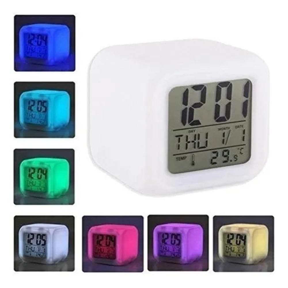 Relogio Digital Despertador Cubo Colorido Luminaria Infantil Led 7 Cores Termometro Calendario