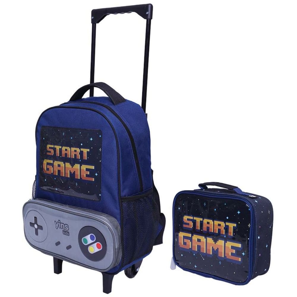 Kit Mochila Escolar com Rodinhas e Lancheira para Meninos com Alça de Costas - Start Game - Yins Kids