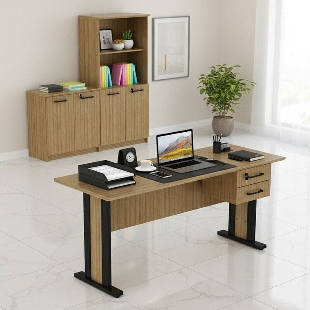 Conjunto Escritório 3 Peças 1 Armário Alto 1 Balcão Multiuso e 1 Mesa com 2 Gavetas e Chave Office Amêndoa/Preto