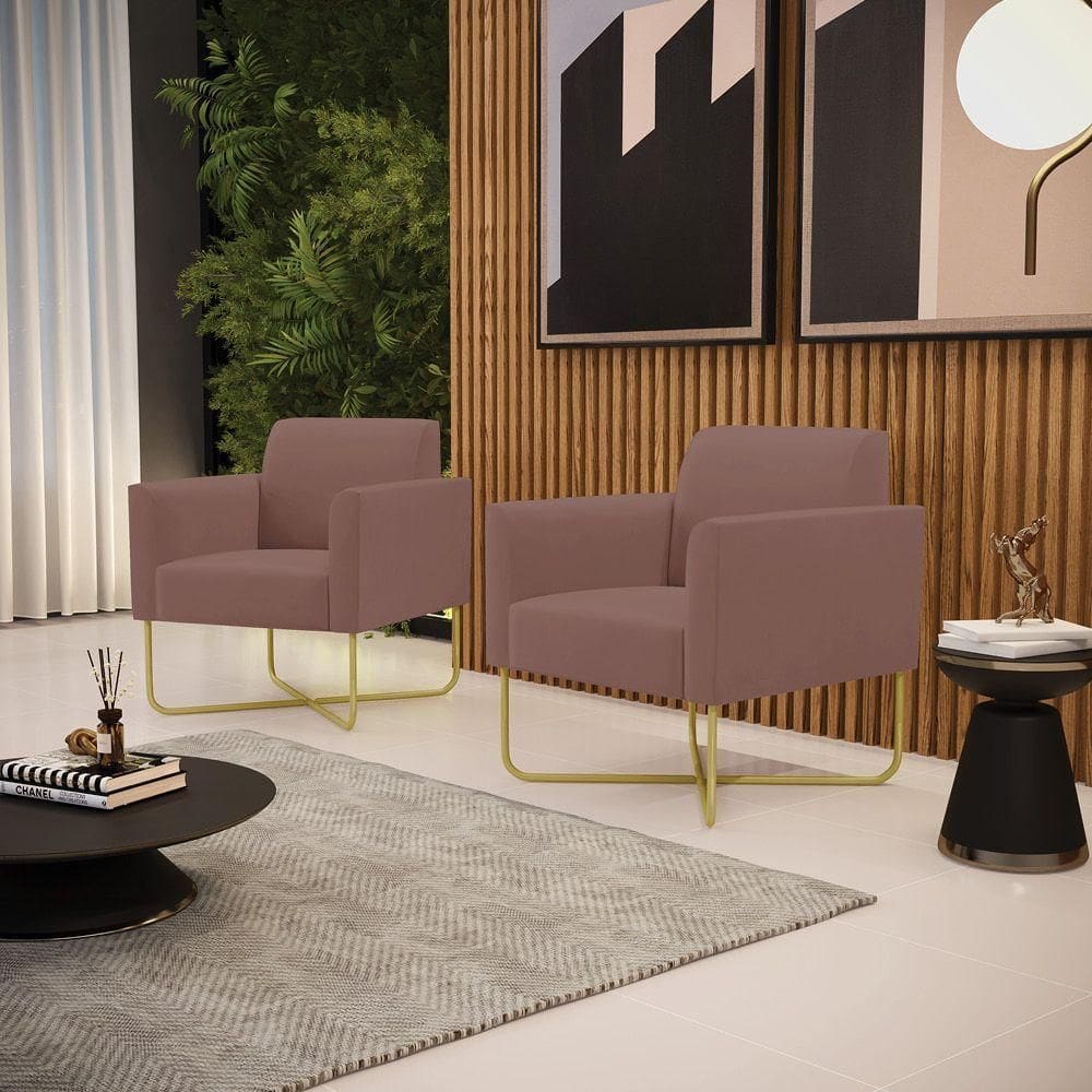 Kit 2 Poltronas Base X Industrial Dourado Marisa Veludo Rose
