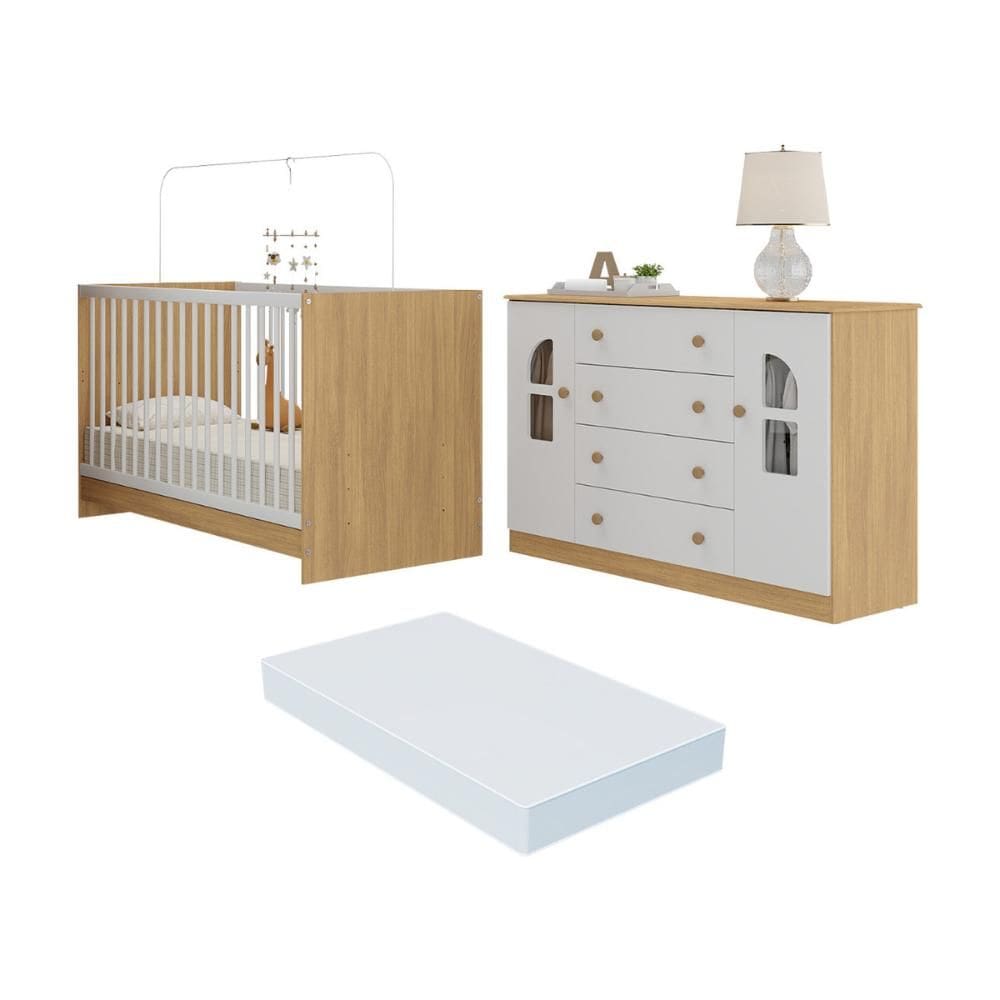 Berço 3 em 1 com Colchão Incluso e Cômoda 2 Portas 4 Gavetas Amora Multimóveis MP4771