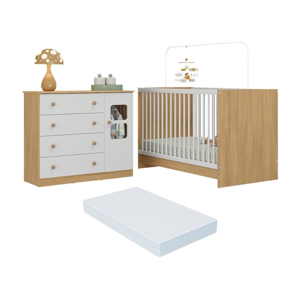 Berço 3 em 1 com Colchão Incluso e Cômoda 1 Porta 4 Gavetas Brisa Multimóveis MP4751