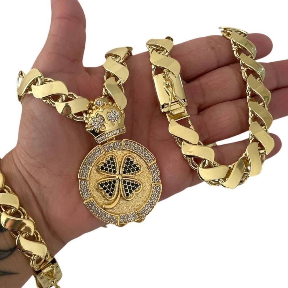 Kit Friso S 13Mm Dupla Face + Pingente Trevo Cravejado Ouro