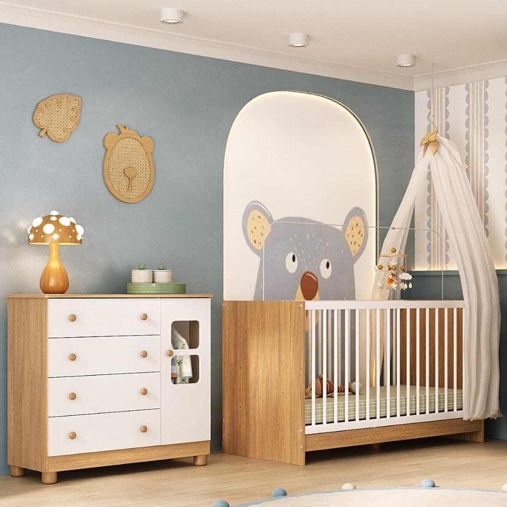 Berço 3 em 1 para Colchão 130x60cm com Cômoda 1 Porta 4 Gavetas Sol Multimóveis MP4740