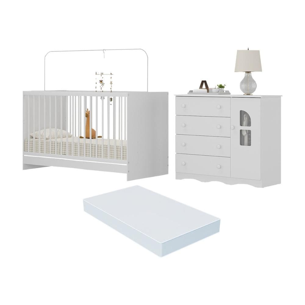 Berço 3 em 1 com Colchão Incluso e Cômoda 1 Porta 4 Gavetas Liz Multimóveis MP4769