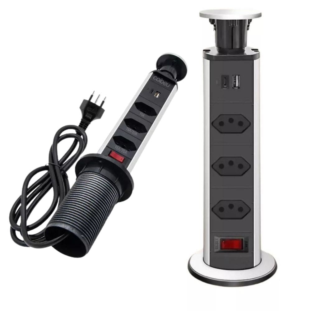 Tomada Elevável Torre de Elevação Retrátil 3 Tomadas 10A 16A e 20A Liga de Alumínio Para Mesa