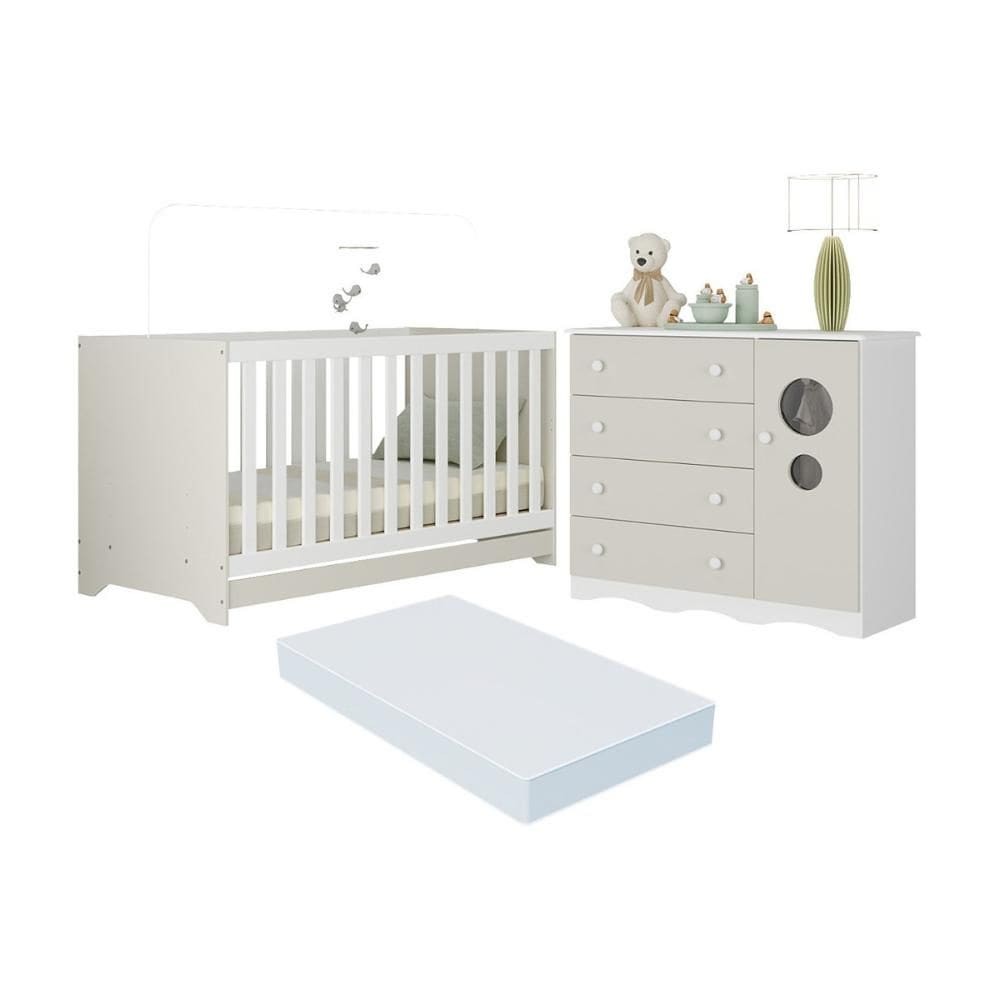 Berço Americano 3 em 1 com Colchão Incluso e Cômoda 1 Porta 4 Gavetas Sonho Multimóveis MP4717