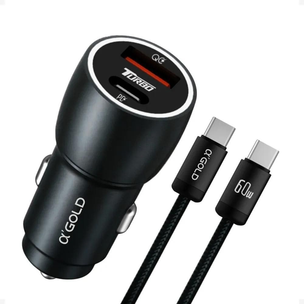 2X Carregador Veicular Turbo 60W Usb E Usb-C Pd Com Cabo Tip