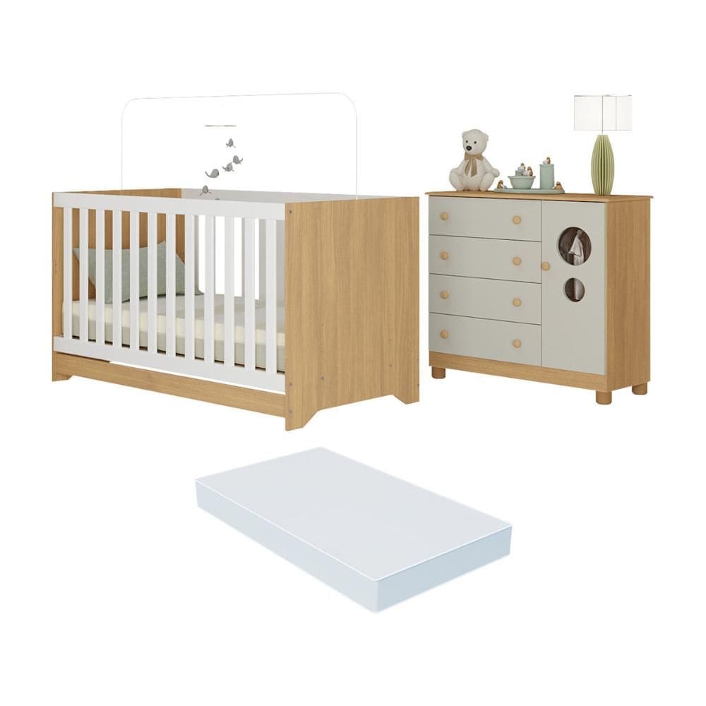 Berço Americano 3 em 1 com Colchão Incluso e Cômoda 1 Porta 4 Gavetas Bombom Multimóveis MP4716