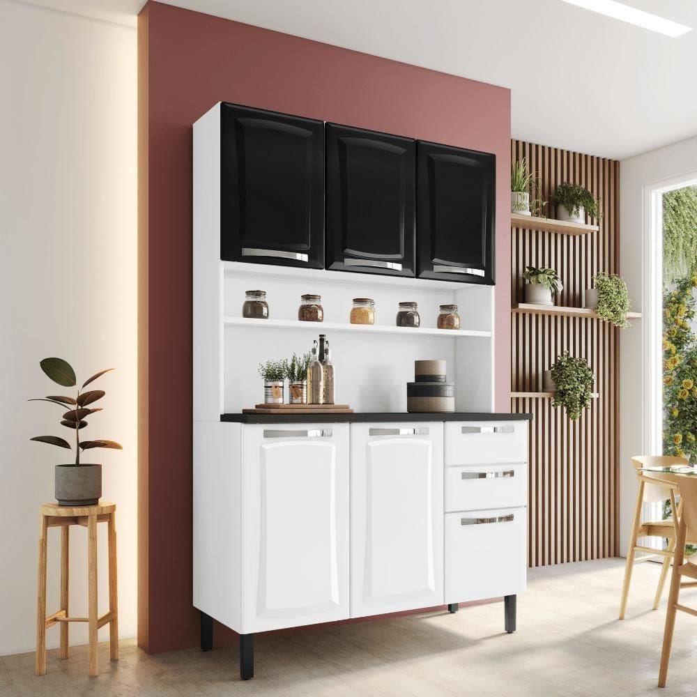Kit De Cozinha Compacta Pratika Branco E Preto 120cm Em Aço Itatiaia