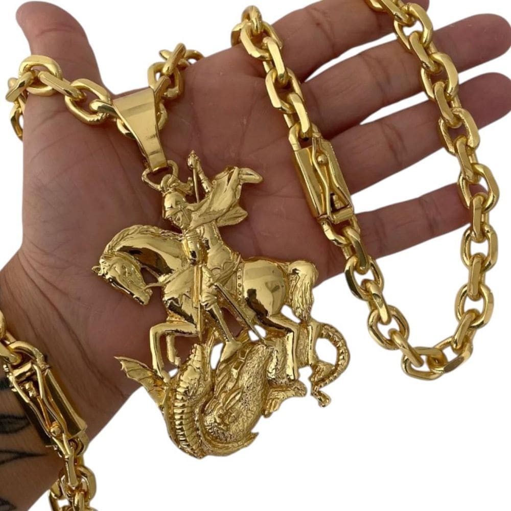 Cordão + Pulseira 12Mm + Pingente São Jorge - Banhado A Ouro