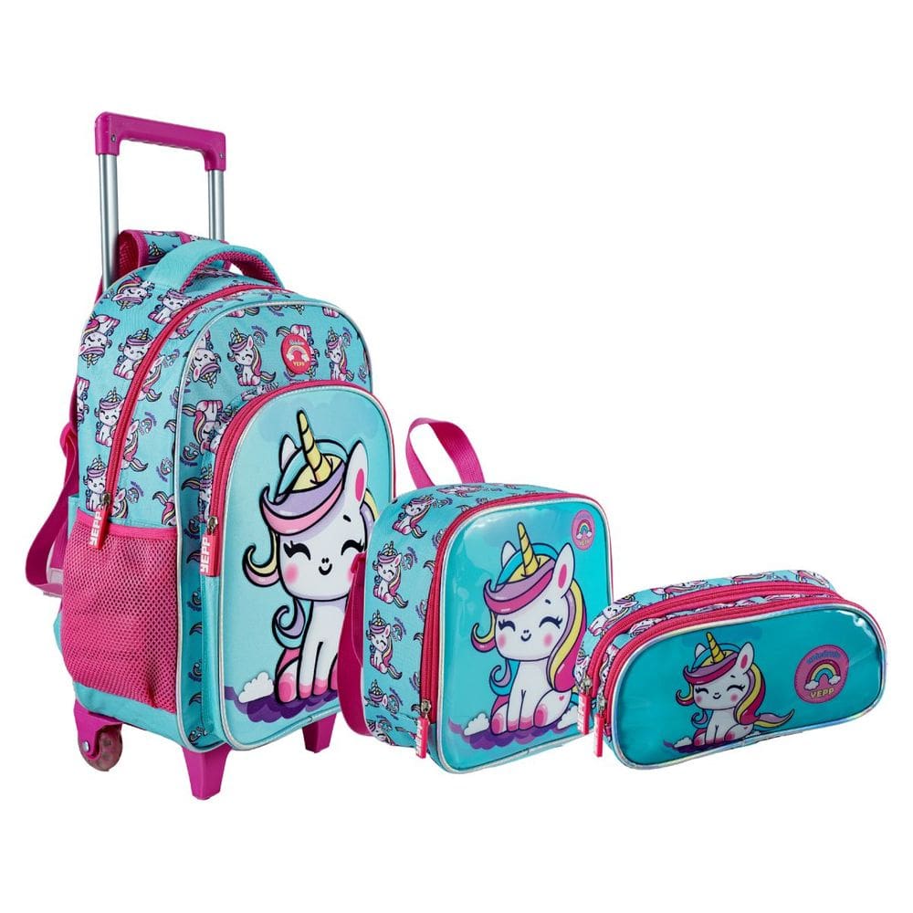 Kit Mochila Escolar Creche Unicórnio Carrinho Rodinha menina