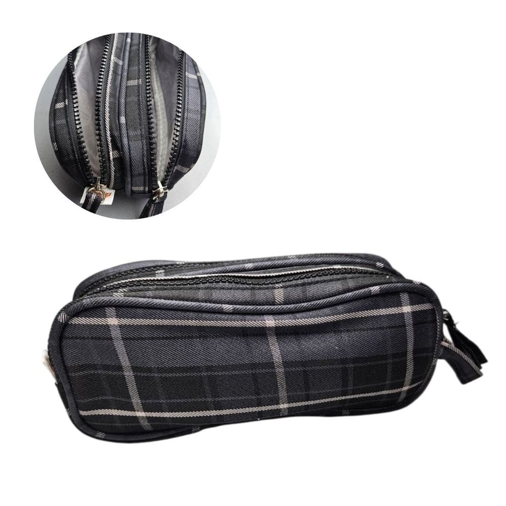 Estojo Necessaire Duplo Xadrez Preto Pompom Escolar Maquiagem Grande Caneta Lápis Aula Material