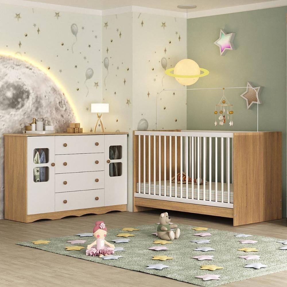 Berço 3 em 1 para Colchão 130x60cm com Cômoda 2 Portas 4 Gavetas Serena Multimóveis MP4749
