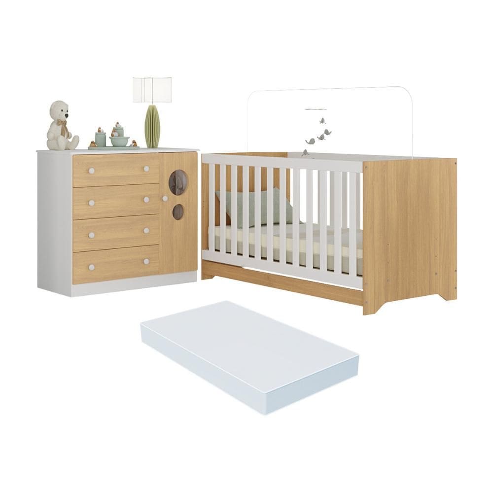 Berço Americano 3 em 1 com Colchão Incluso e Cômoda 1 Porta 4 Gavetas Pirulito Multimóveis MP4715