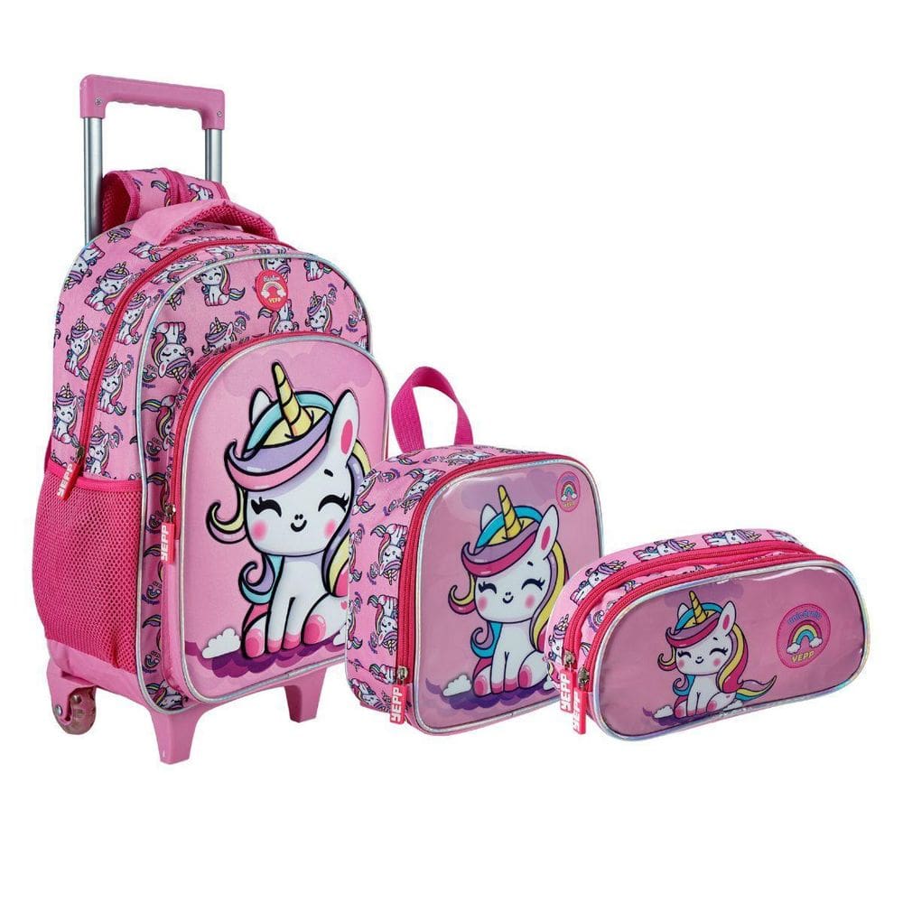 Kit Mochila Escolar Creche Unicórnio Carrinho Rodinha Menina