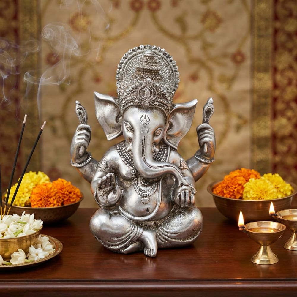 Ganesha – Estátua Decorativa Hindu Prateada para Casa e Escritório BZ19174-1