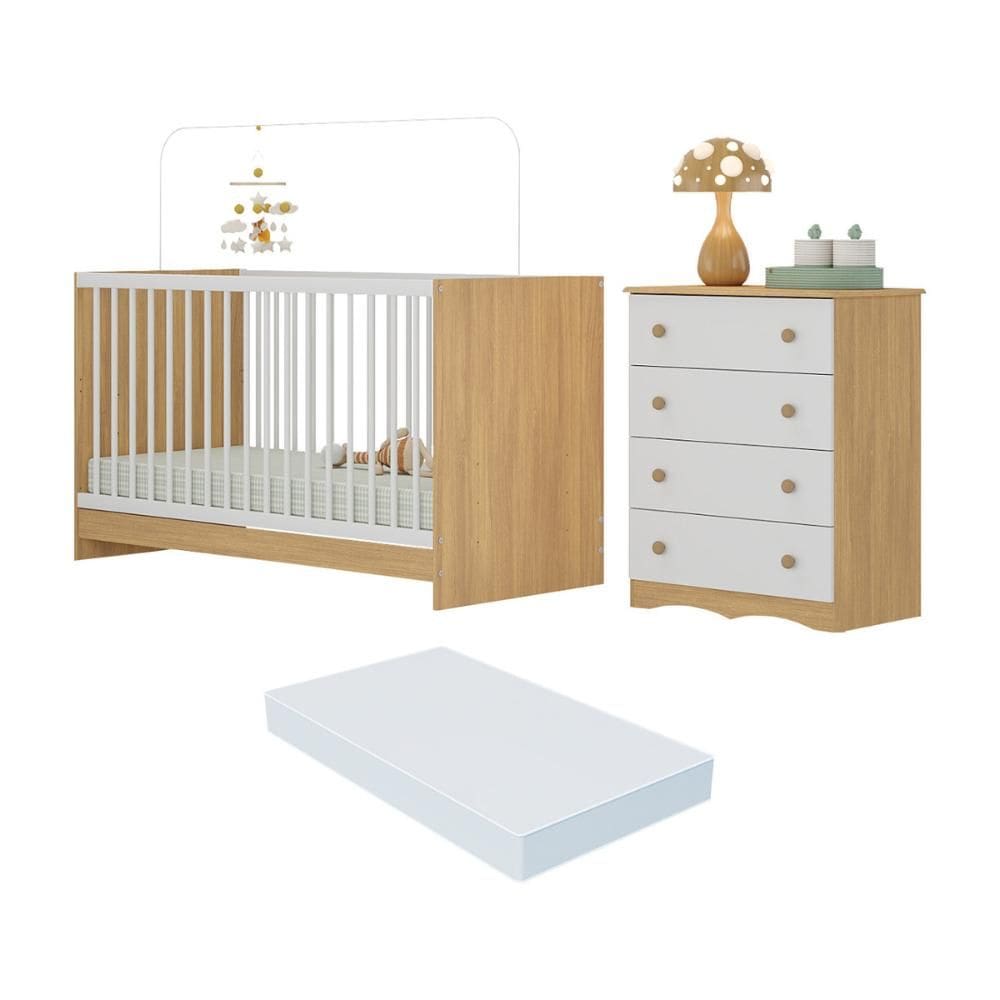 Berço 3 em 1 com Colchão Incluso e Cômoda 4 Gavetas Serena Multimóveis MP4777