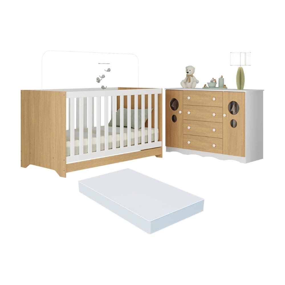 Berço Americano 3 em 1 com Colchão Incluso e Cômoda 2 Portas 4 Gavetas Sonho Multimóveis MP4721