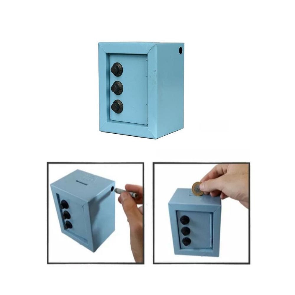Mini Cofre Cofrinho Reforçado Aço Segredo Notas Moedas Azul