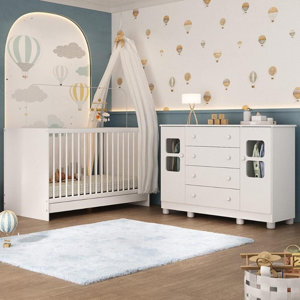 Berço 3 em 1 para Colchão 130x60cm com Cômoda 2 Portas 4 Gavetas Sol Multimóveis MP4748