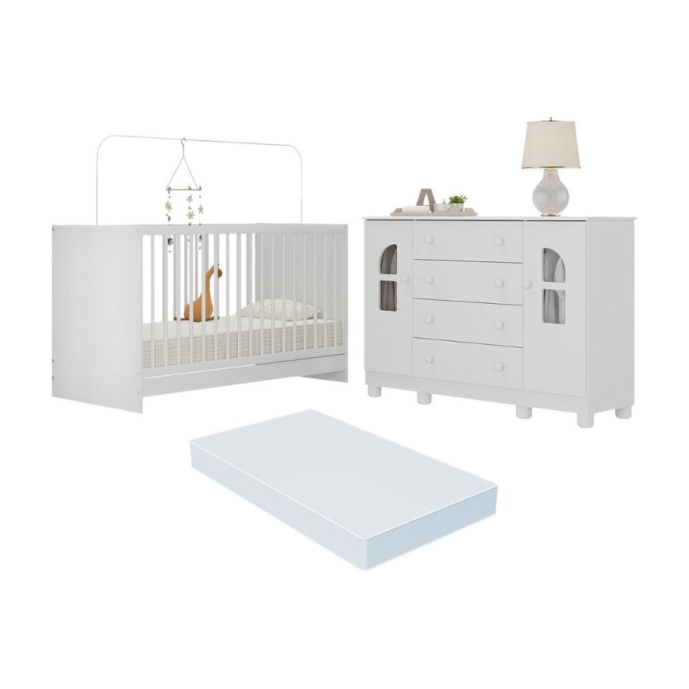 Berço 3 em 1 com Colchão Incluso e Cômoda 2 Portas 4 Gavetas Nina Multimóveis MP4772