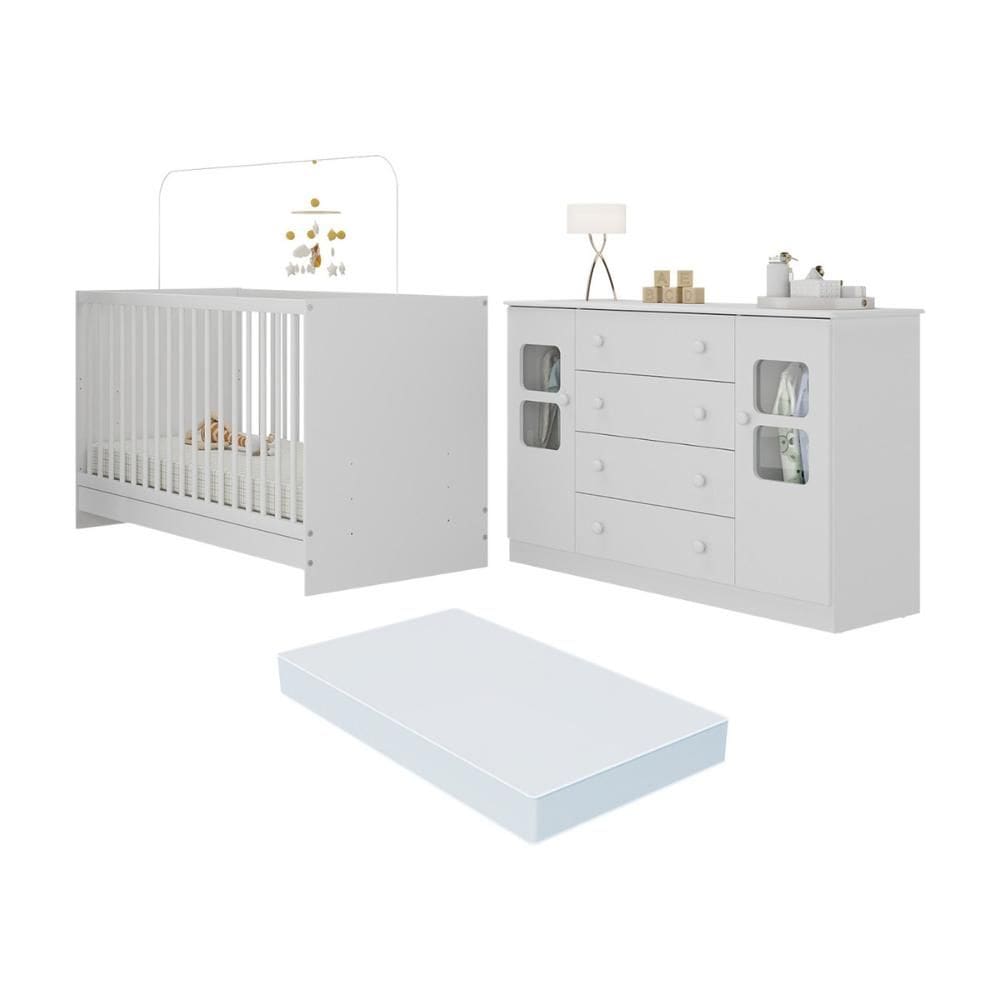 Berço 3 em 1 com Colchão Incluso e Cômoda 2 Portas 4 Gavetas Brisa Multimóveis MP4755