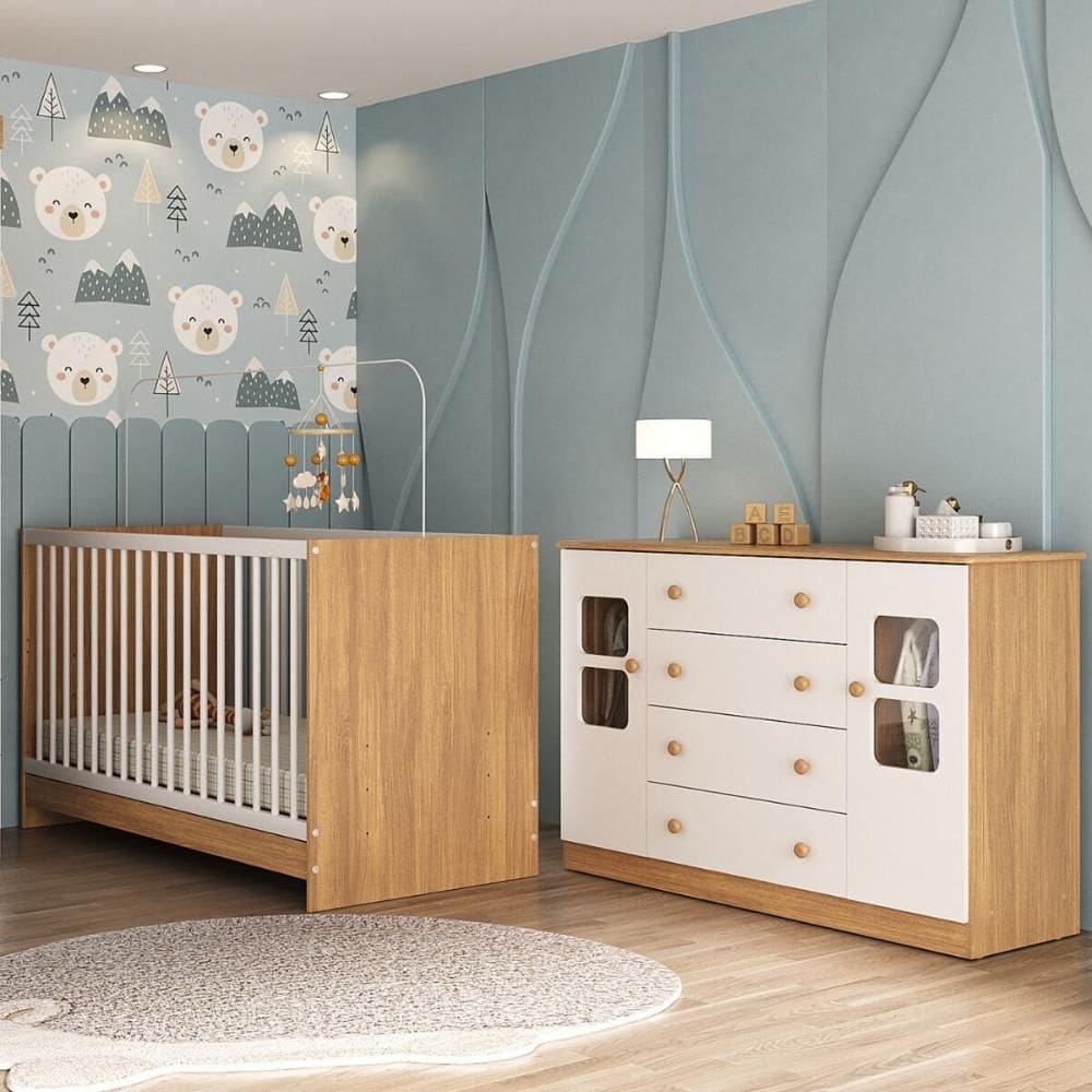Berço 3 em 1 para Colchão 130x60cm com Cômoda 2 Portas 4 Gavetas Brisa Multimóveis MP4747