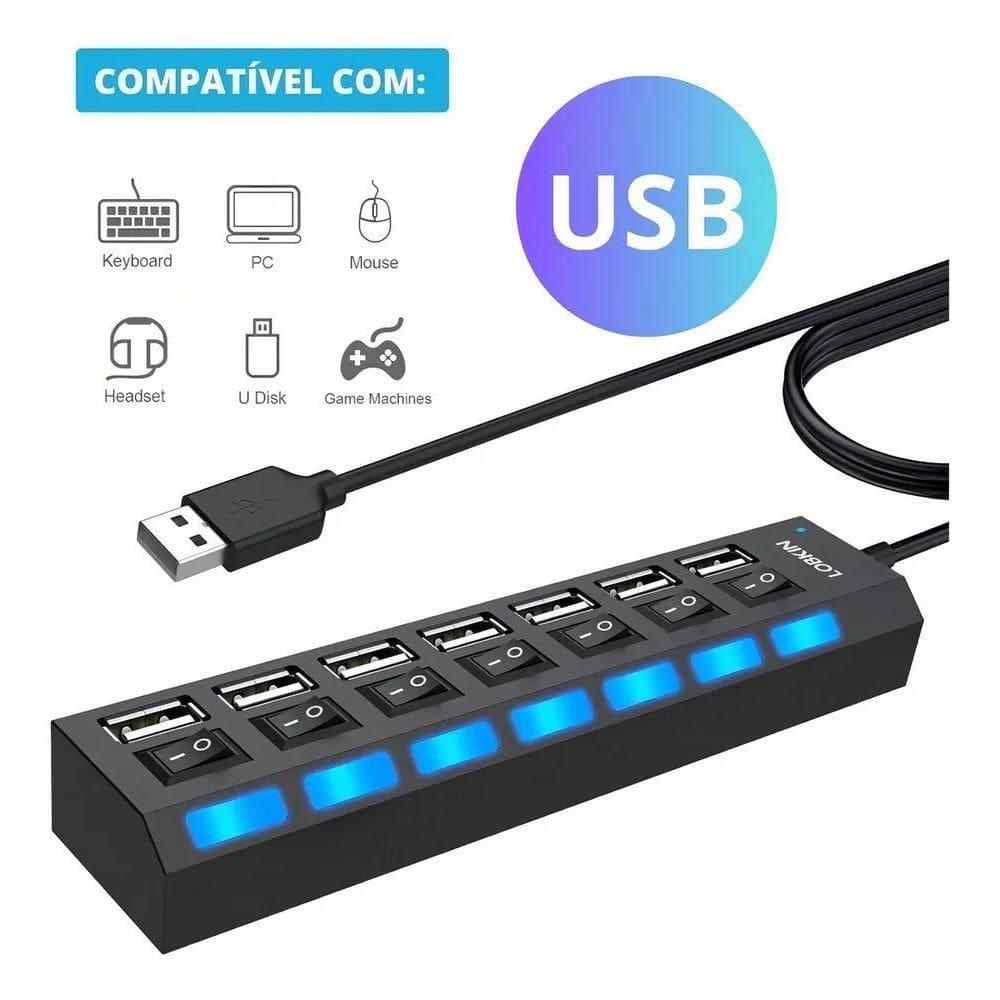 2X Hub Usb Cabo Extensor Régua Usb 2.0 7 Portas High Speed H