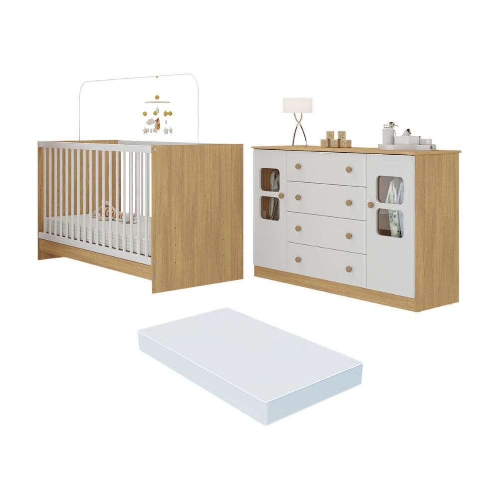 Berço 3 em 1 com Colchão Incluso e Cômoda 2 Portas 4 Gavetas Brisa Multimóveis MP4755