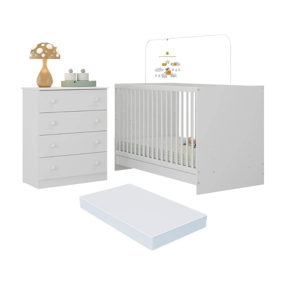 Berço 3 em 1 com Colchão Incluso e Cômoda 4 Gavetas Brisa Multimóveis MP4775