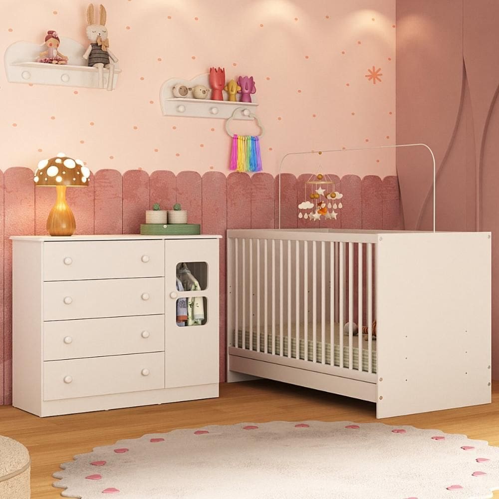 Berço 3 em 1 para Colchão 130x60cm com Cômoda 1 Porta 4 Gavetas Brisa Multimóveis MP4739