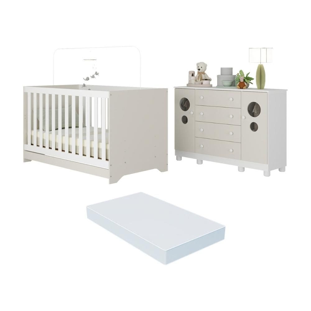 Berço Americano 3 em 1 com Colchão Incluso e Cômoda 2 Portas 4 Gavetas Bombom Multimóveis MP4720