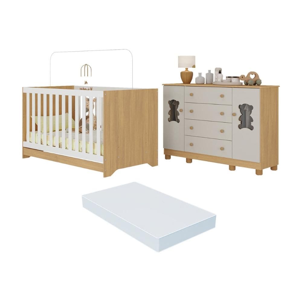 Berço Americano 3 em 1 com Colchão Incluso e Cômoda 2 Portas 4 Gavetas Fofura Multimóveis MP4736