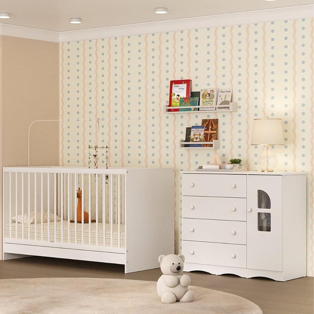 Berço 3 em 1 para Colchão 130x60cm com Cômoda 1 Porta 4 Gavetas Liz Multimóveis MP4761