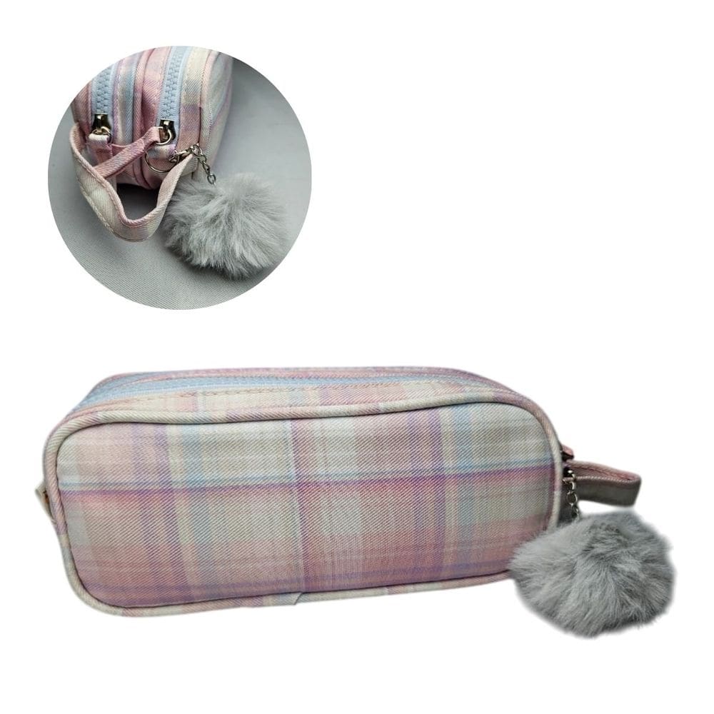 Estojo Necessaire Duplo Xadrez Rosa Claro com Pompom Maquiagem Escolar Lápis Material Colorido Zíper