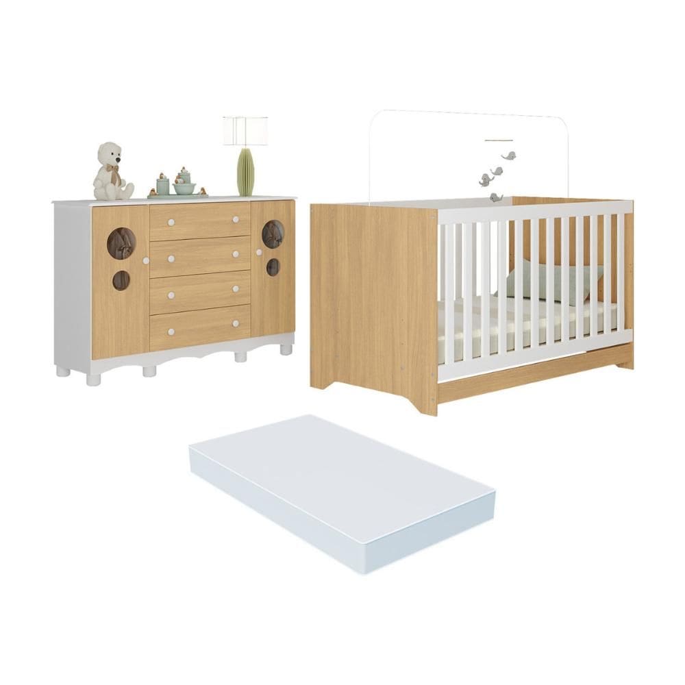 Berço Americano 3 em 1 com Colchão Incluso e Cômoda 2 Portas 4 Gavetas Suspiro Multimóveis MP4722