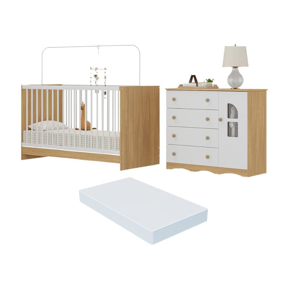 Berço 3 em 1 com Colchão Incluso e Cômoda 1 Porta 4 Gavetas Liz Multimóveis MP4769