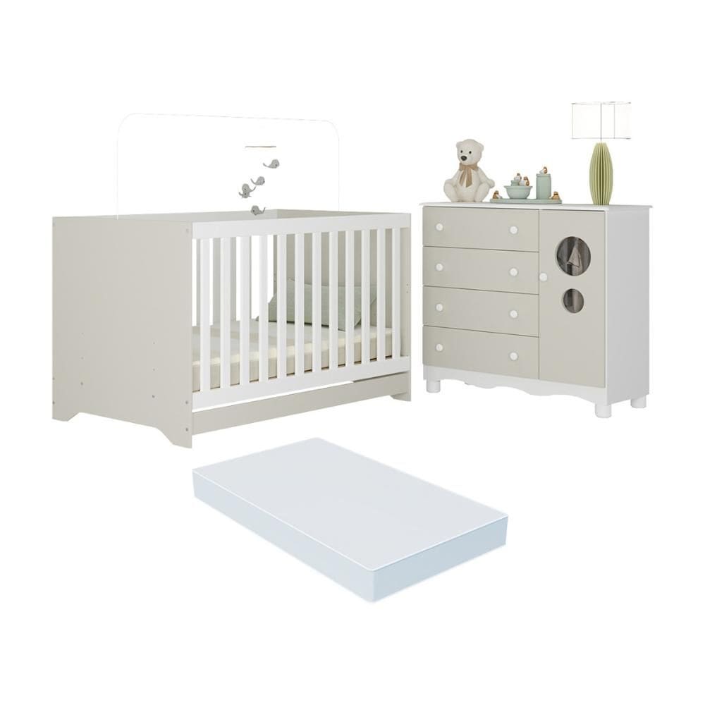 Berço Americano 3 em 1 com Colchão Incluso e Cômoda 1 Porta 4 Gavetas Suspiro Multimóveis MP4718