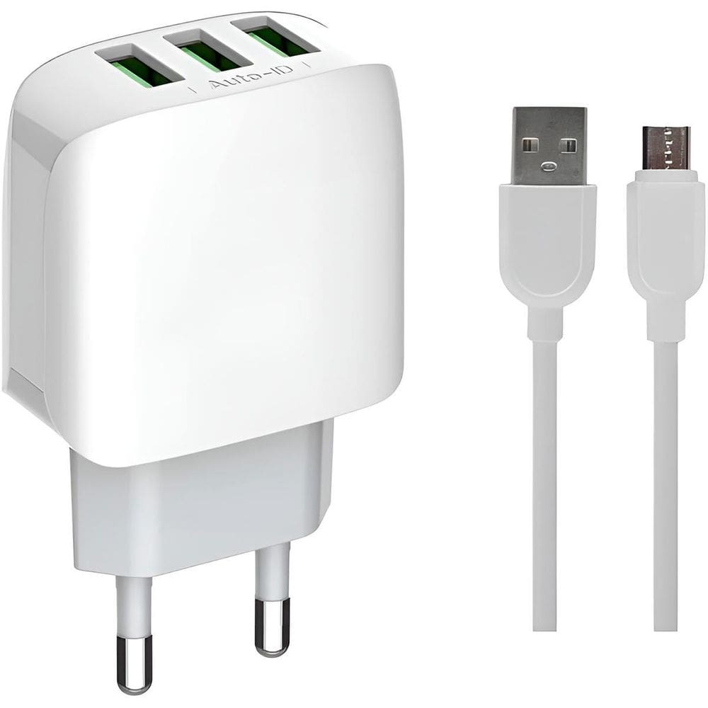 Carregador Turbo 3Usb 3.1A Bivolt Com Cabo V8 Android