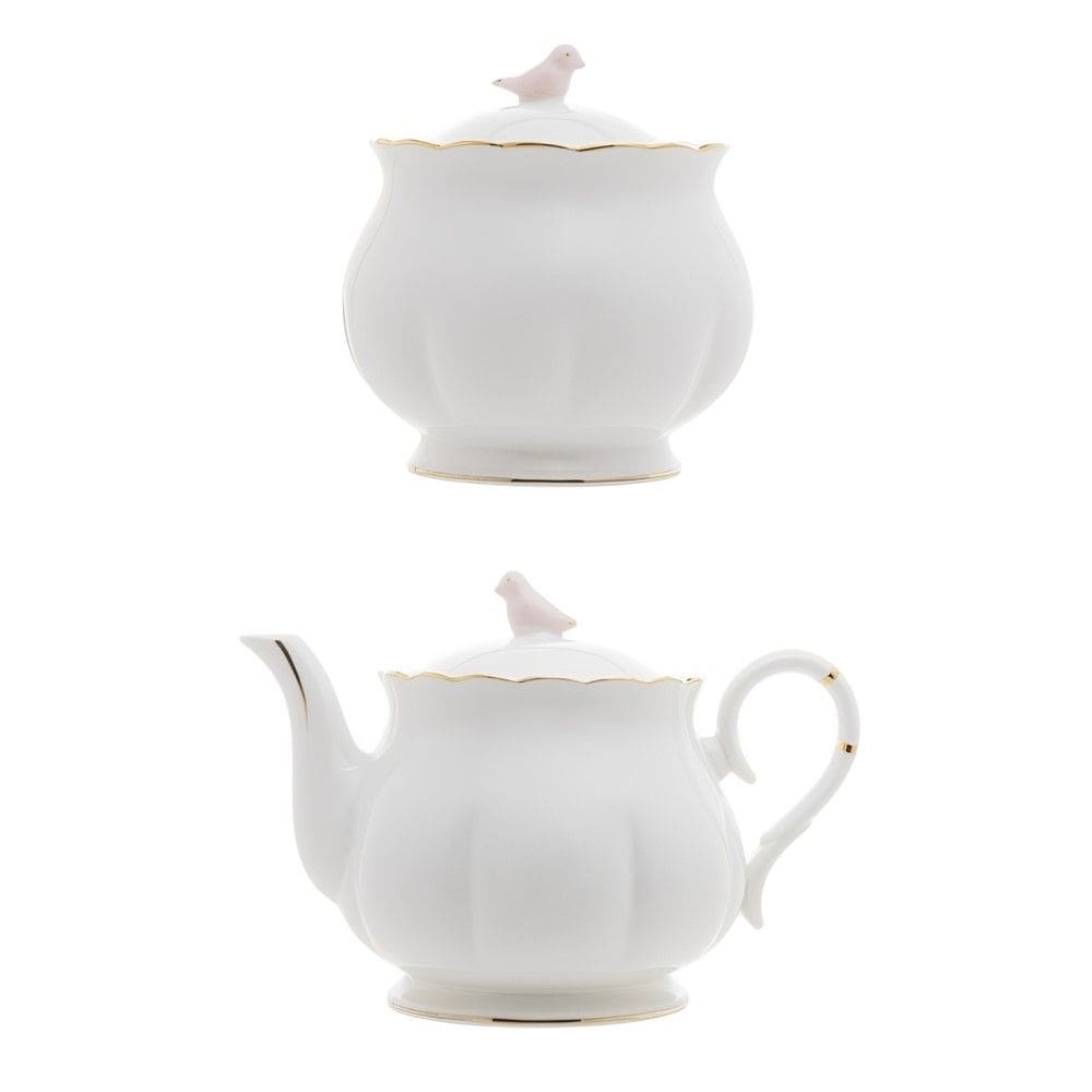 Kit Bule Chá/Café + Açucareiro Birds de Porcelana Branco, Dourado e Rosa Wolff