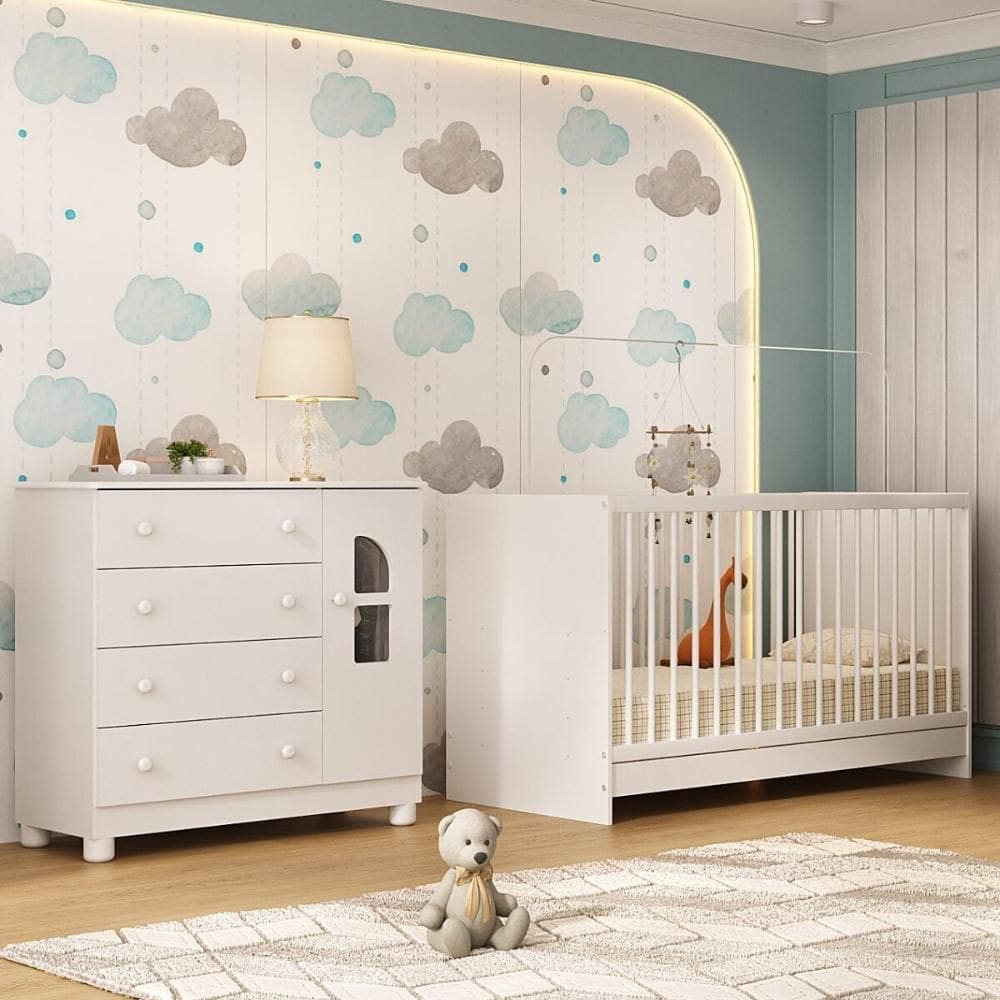 Berço 3 em 1 para Colchão 130x60cm com Cômoda 1 Porta 4 Gavetas Nina Multimóveis MP4760