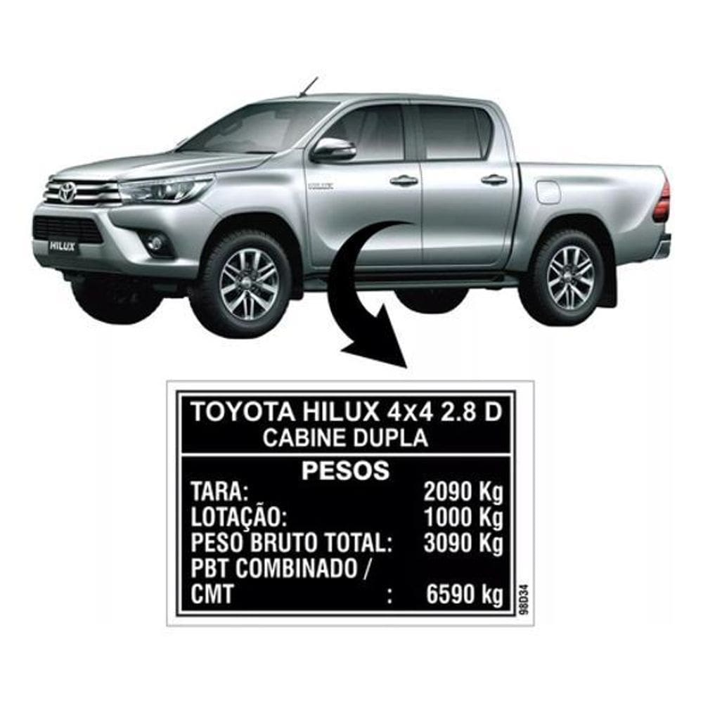 Adesivo Etiqueta Peso Toyota Hilux 4X4 2.8 D Cabine Dupla