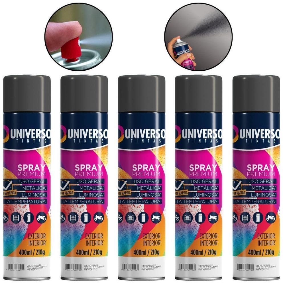 Kit 05 Latas Tinta Spray Preto Fosco 400Ml Uso Geral