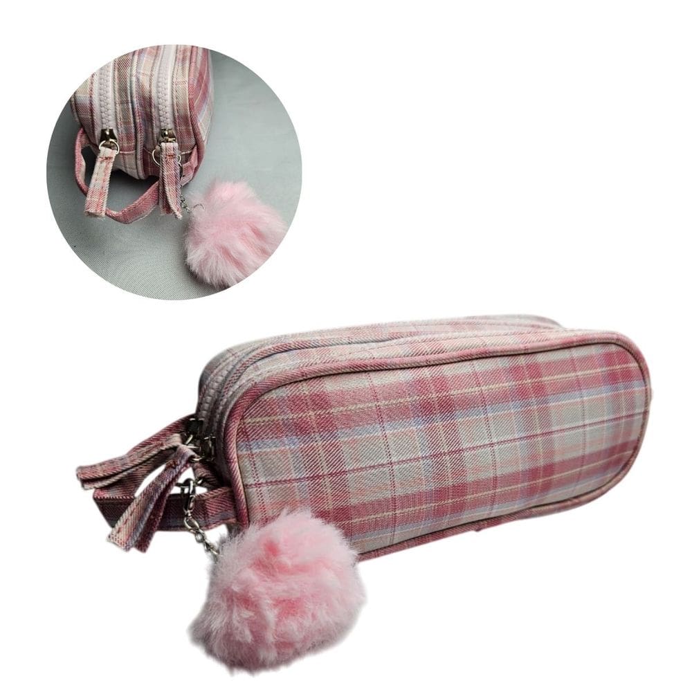 Estojo Necessaire Duplo Xadrez Rosa com Pompom Escolar Maquiagem Aula Zíper Lápis Caneta Grande