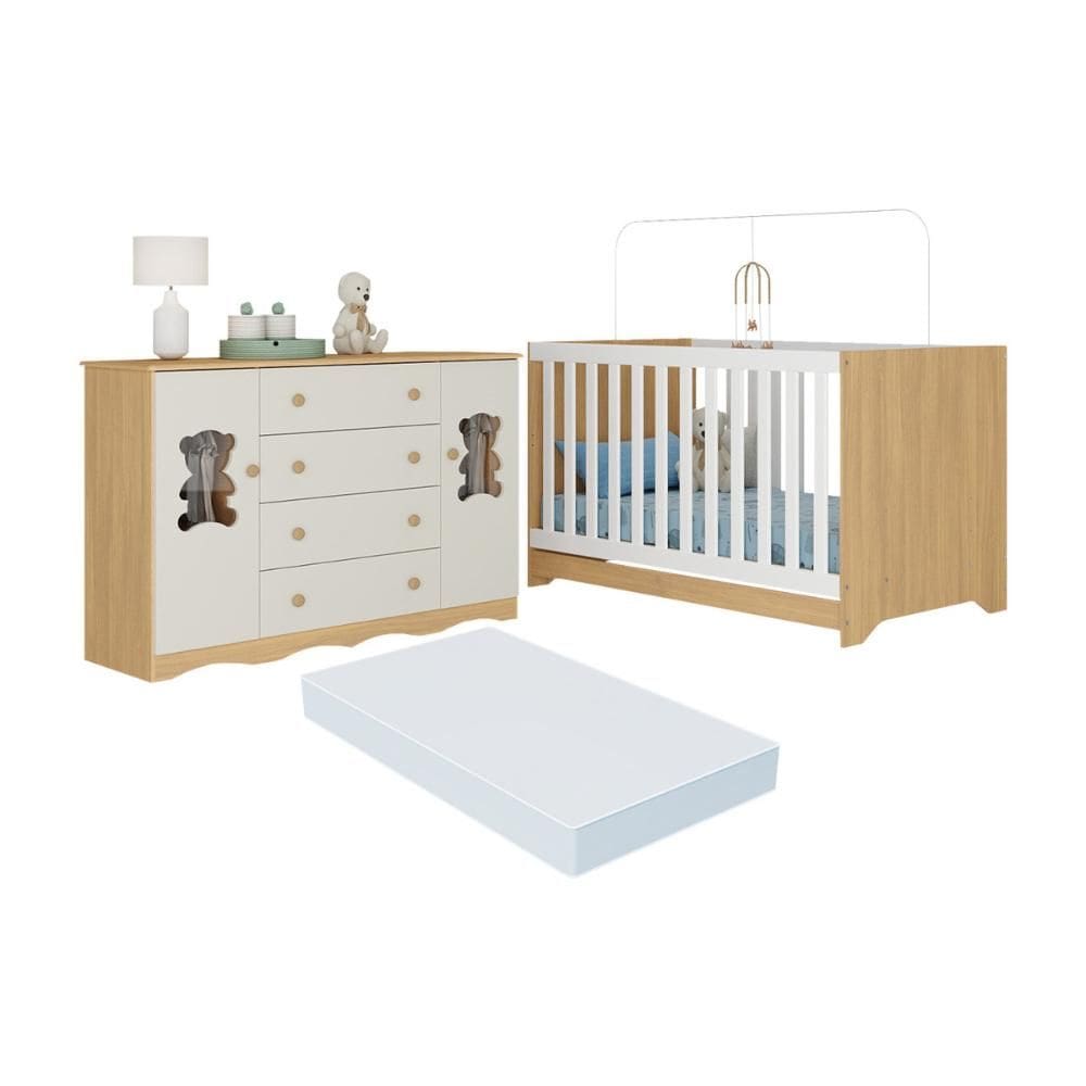 Berço Americano 3 em 1 com Colchão Incluso e Cômoda 2 Portas 4 Gavetas Doçura Multimóveis MP4737