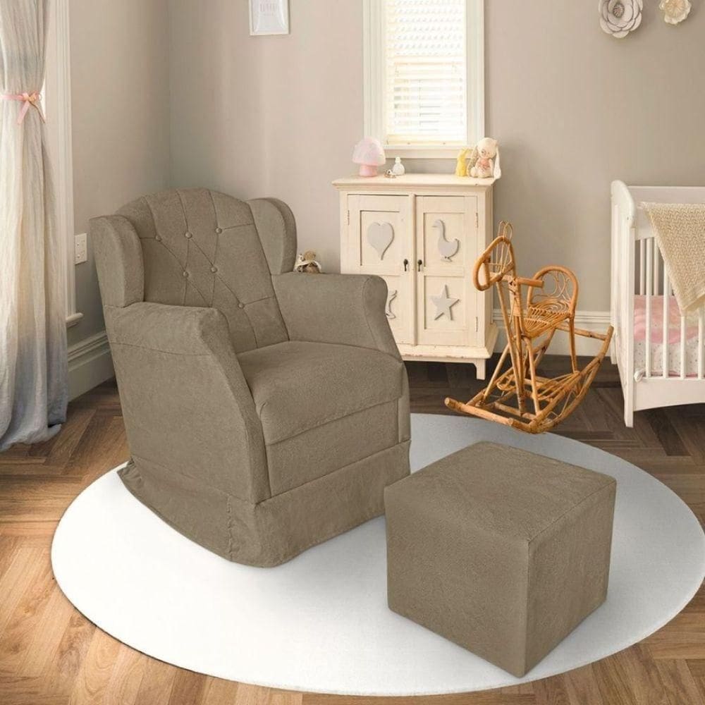 Poltrona Decorativa Amamentação Balanço E Puff Bebê Suede Bege Escuro