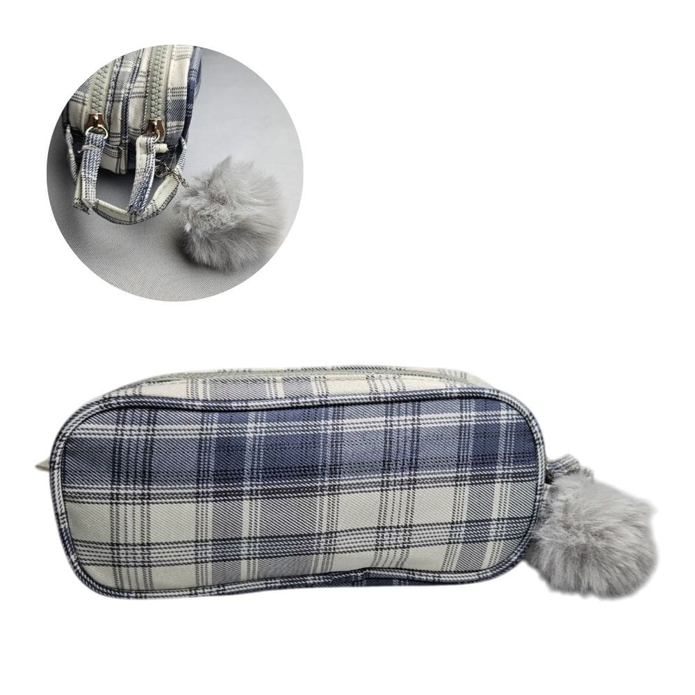 Estojo Necessaire Duplo Xadrez Pompom Escolar Maquiagem Fofo Colorido Lápis Caneta Aula Material