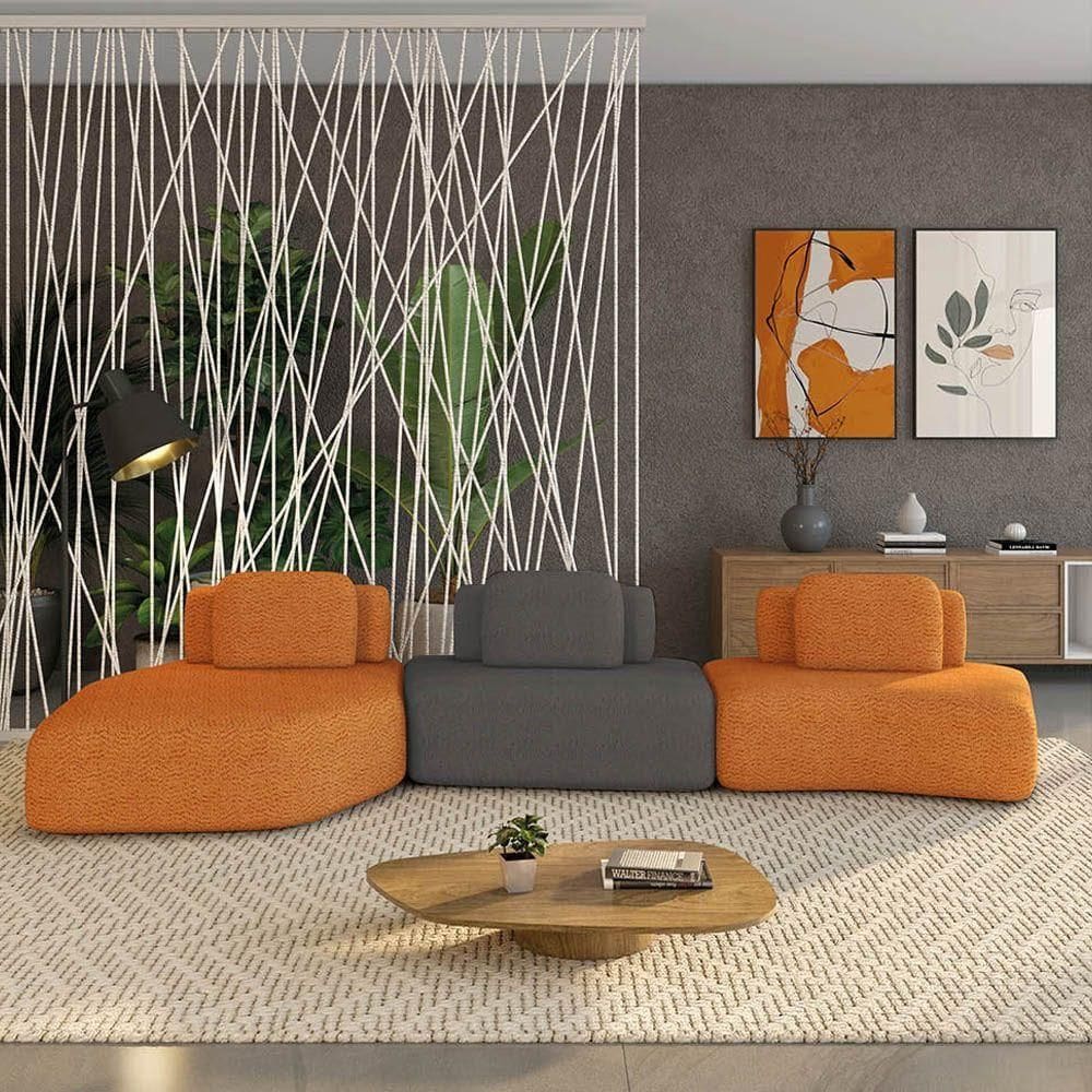 Sofá 3 Lugares Orgânico Com Chaise E 2 Módulos Berlim Bouclê Cr K01 - D`rossi Caramelo-grafite